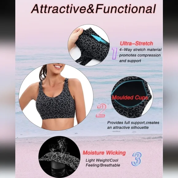 Running Girl Charcoal Leopard Print Cutout Back Athletic Sports Bra L - Picture 6 of 9